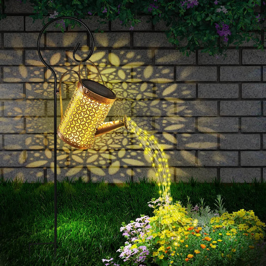 SOLAR POWERED DECORATIVE WATERING CAN WITH CASCADING LIGHT